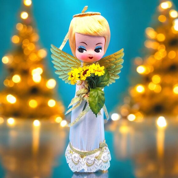 1960s Angel Tree Topper Sockinette Big Eyes Sunflower Bouquet Gold Wings Halo - Picture 1 of 12
